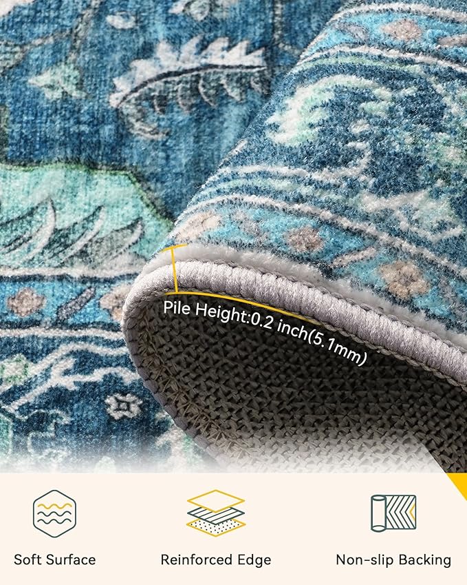 RELEANY Area Rugs 6'x9' Washable Non-Slip, Floral Vintage Distress Print Pattern Medallion Carpet for Living Room Bedroom Dining Room, Teal Green Lake Blue Turquoise