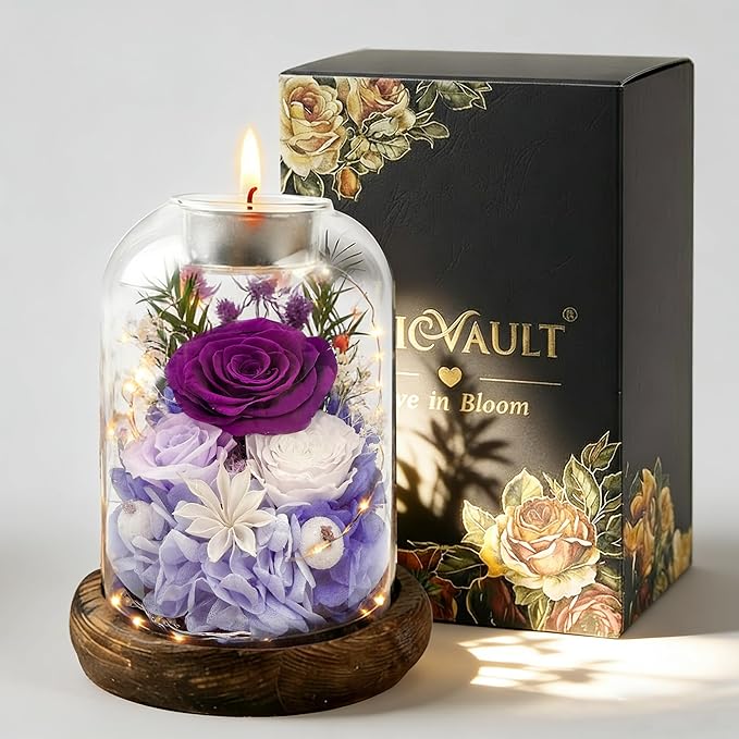 Gifts for Mom, Preserved Rose Flowers in Glass Dome, Forever Flowers for Delivery, Eternal Rose, Birthday Gifts for Women, Mothers Day for Grandma, Wife, Daughter, Anniversary(Purple)