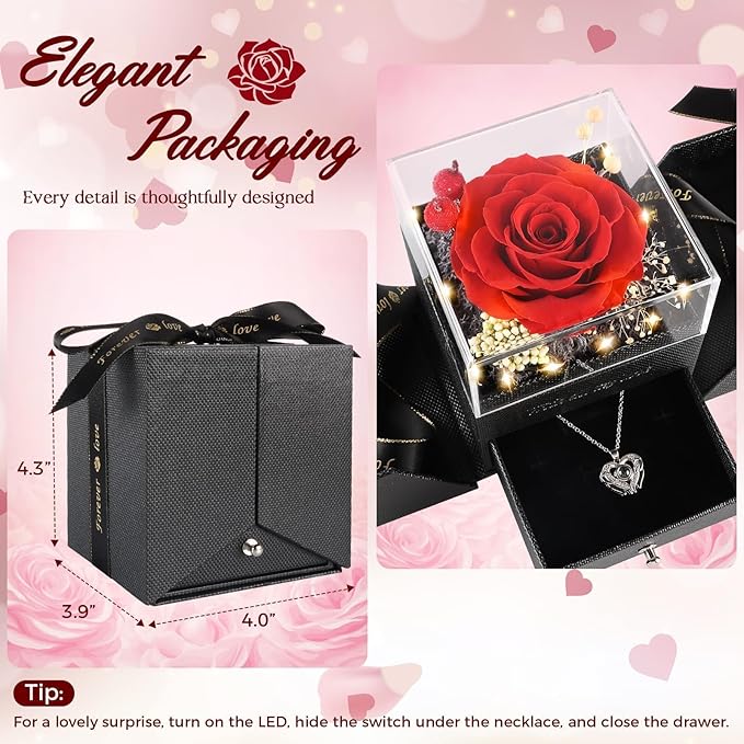 TranquilBliss Gifts for Mom, Preserved Real Red Rose Gift Box with Heart Necklace,“I Love You” in 100 Languages, I Love You Eternal Flowers Rose Gift Set for Mother's Day, Anniversary