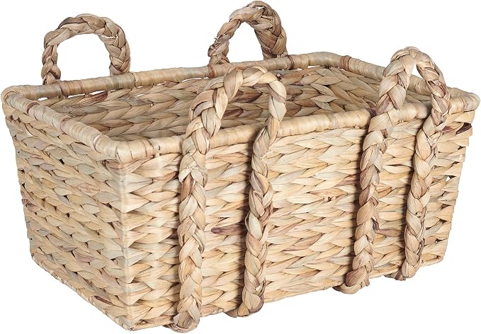 Household Essentials Large Rectangular Floor Storage Basket with Braided Handles, Light Brown
