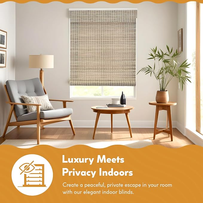 Radiance Cordless Bamboo Blinds - Flatstick Bamboo Roman Shades for Interior Windows - Roll Up Woven Shades with Valance - Inside & Outside Mount Roman Window Shades - Driftwood - 31" W x 64" L