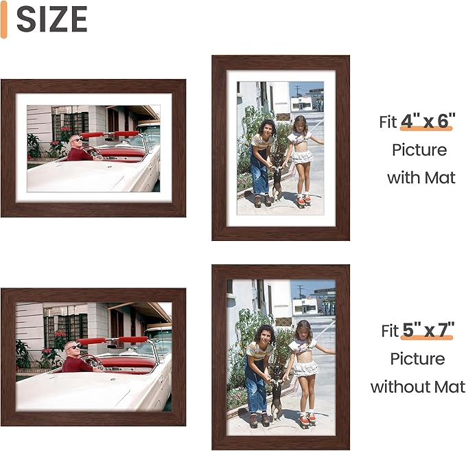 upsimples 5x7 Picture Frame, Display Pictures 4x6 with Mat or 5 x 7 Without, Wall Hanging Photo Frames, Brown, 1 Pack