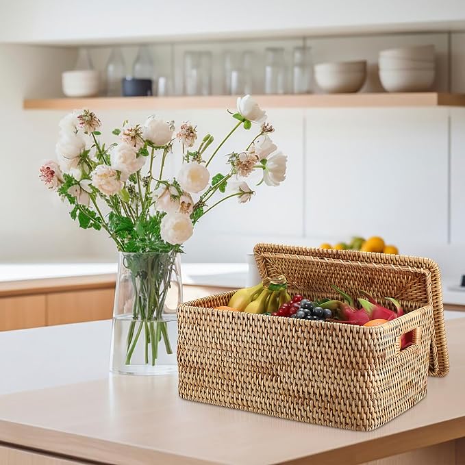 Hipiwe Rattan Basket With Lid Rectangular Lidded Basket Natural Hand-Woven Wicker Storage Basket Bin for Shelf Organizing Picnic Food Bread Table Storage Basket, 15.1 x 11.2 x 7.3 inch