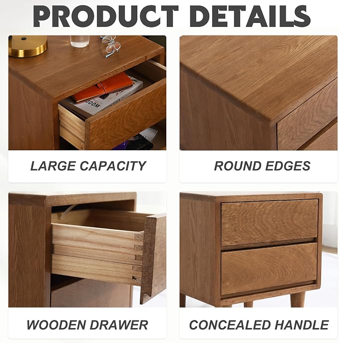 Solid Oak Wood Nightstand, Bedside Table with 2 Drawer, Mid-Century Luxury Night Stand, Modern Sofa Side End Table, Farmhouse Wooden Night Stand Bedside Table for Bedroom, Easy Assembly, Light Walnut