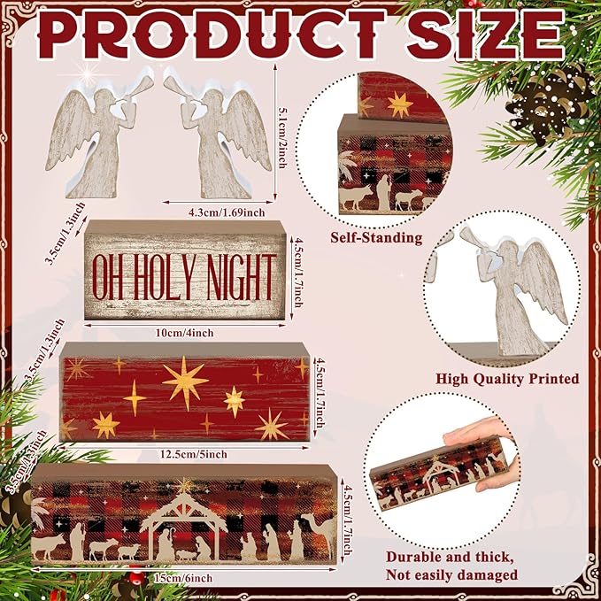 Moucuny 4 Pcs Wooden Christmas Nativity Tiered Tray Decor Rustic Wood Angel Block Sign Gift Kitchen Centerpiece Nativity Scene Table Decor (Jesus)