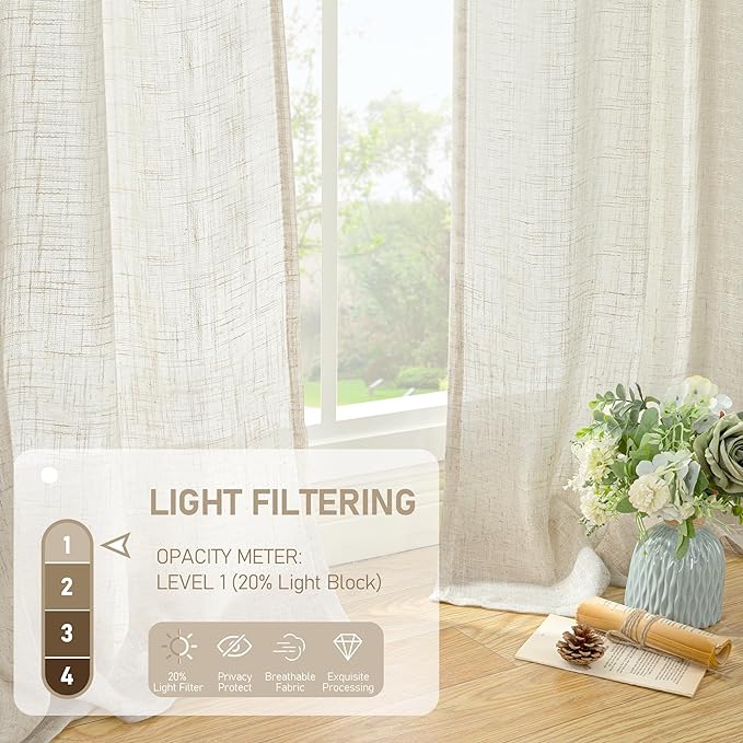 LAMIT Cafe Linen Curtains 30 Inch Length for Kitchen Windows Over Sink, Cream Ivory Semi Sheer Light Filtering Panels Back Tab and Rod Pocket Drapes for Small Window, 2 Panels, 34 x 30 Inch