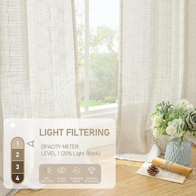LAMIT 60 Inch Wide Linen Curtains for Bedroom, Ivory Cream Light Filtering Faux Linen Textured Panels Semi Sheer Back Tab and Rod Pocket Boho Drapes for Living Room/Farmhouse, 2 Panels, 60 x 63 Inch