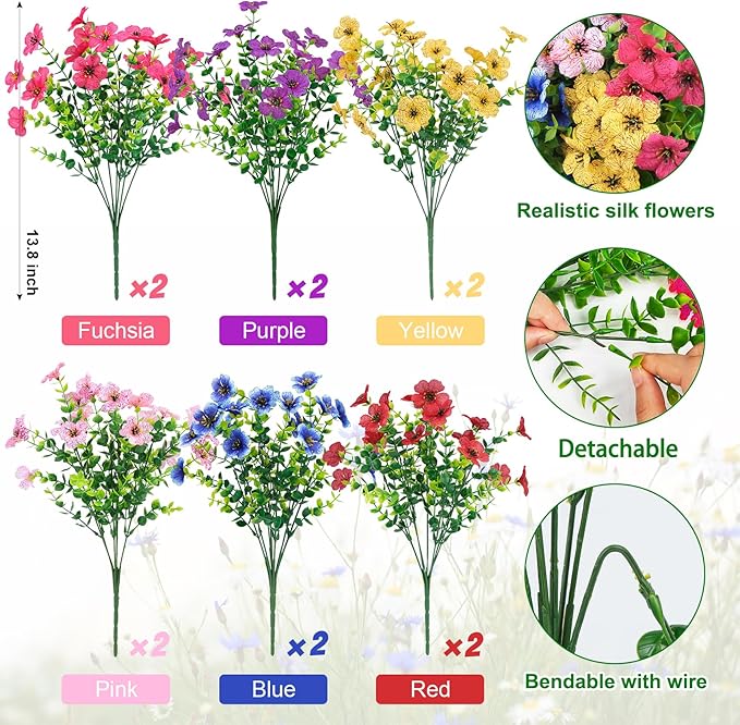 Ouddy Decor 12 Bundles Artificial Flowers for Outdoors Fake Silk Flowers UV Resistant Faux Plastic Plants for Spring Summer Garden Porch Window Box Table Vase Home Indoor Outdoor Decoration, Mixed