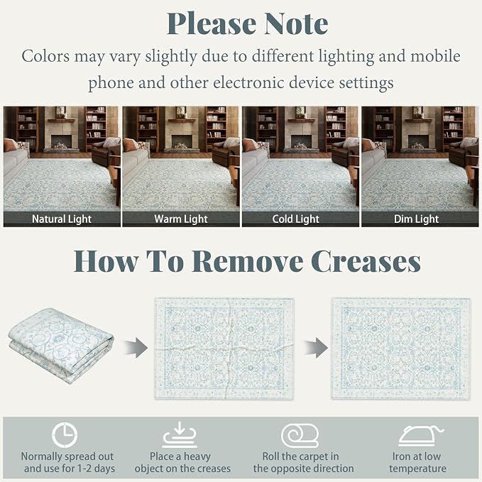 Washable Rugs for Living Room: 5x7 Area Rugs for Bedroom Ultra Soft Non-Slip Low Pile Vintage Boho Large Carpet for High-Traffic Dining Room - Farmhouse Decor