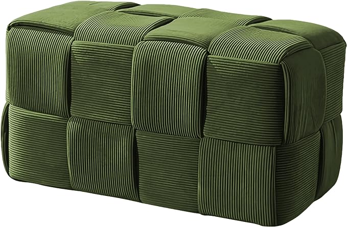 Cmishe 28" Rectangular Woven Corduroy Ottoman Footrest - Large Modern Entryway Bench & Bed End Stool, Sturdy Wood Frame, No Assembly (Green-L)