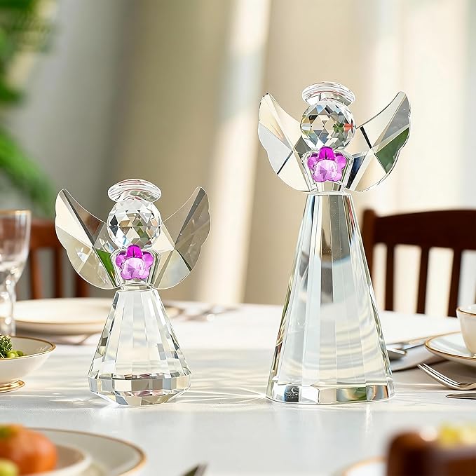 HDCRYSTALGIFTS Set 2 Crystal Angel Figurines Collectibles Gift for Women/Mom Art Glass Christmas Guardian Angel Statues Ornament