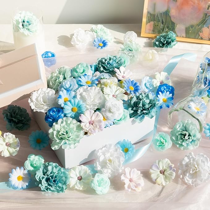 ATTGREAT 310 Pcs Fake Flower Heads Mini Artificial Flower Bulk Silk Flowers for Decoration Small Faux Flower Heads Fabric Daisy Buds Floral for Crafts DIY Wedding Party Baby Shower Home Decor, Blue