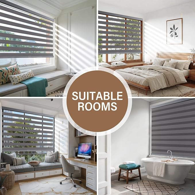 AOSKY Cordless Zebra Blinds for Windows Pull Down Roller Window Shades Dual Layer Light Filtering Privacy for Day and Night, Free-Stop Door Shades for Home Easy to Install (71" W X 72" H，Grey)