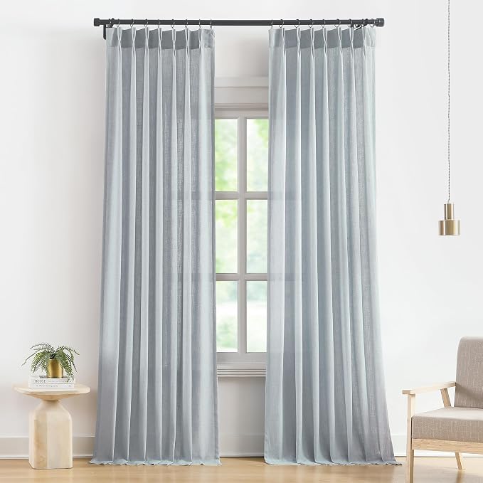 Vision Home Blue Grey Pinch Pleated Semi Sheer Curtains Textured Linen Blended Light Filtering Window Curtains 112 inch for Living Room Bedroom Pinch Pleat Drapes with Hooks 2 Panels 40" Wx112 L