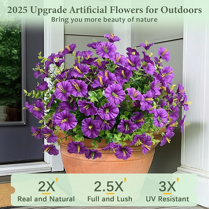 MARTINE MALL 12 Bundles Look Real Artificial Flowers for Outdoors, Realistic Fake Outdoor Flowers, UV Resistant Silk Petunia Flowers for Outside Faux Flowers Plants for Outdoor Porch, Purple