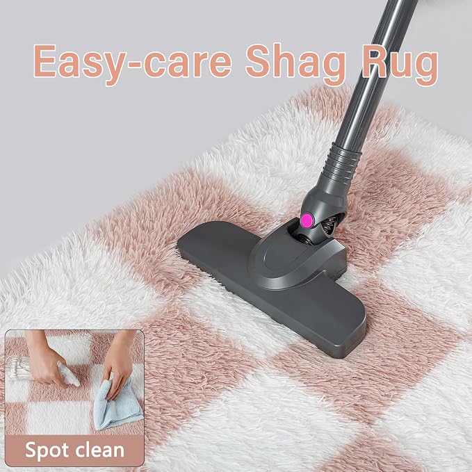 PureCozy Checkered Rug 6x9 for Living Room, Pink and White Modern Shag Rugs Super Soft Washable Indoor Office Fuzzy Carpet Non-Slip Fluffy Rugs for Bedroom Home Aesthetic Decor