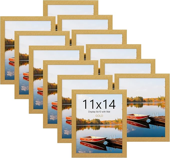 Picrit 11x14 Picture Frame Set of 12, Display 8x10 with Mat or 11x14 without Mat, Photo Frames for Wall Mounting or Table Top Display, Gold