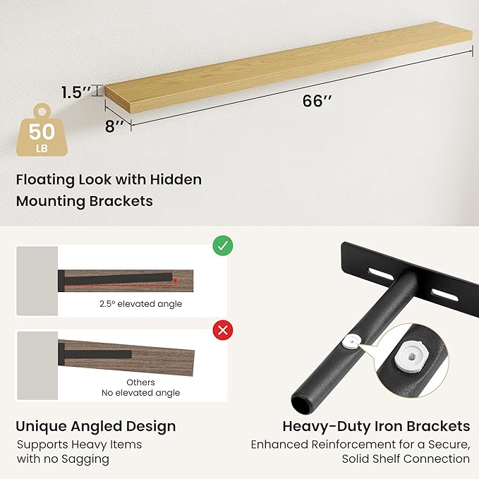 Fun Memories Rustic Wood Floating Shelves for Wall, Space-Saving Wall Mounted Shelves for Bathroom, Bedroom, Living Room and Kitchen, Stylish Storage & Display (Set of 2, Oak, 66 in)