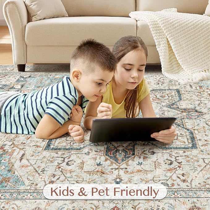 Tortania Area Rug Living Room Rugs - 6x9 Washable Boho Rug Vintage Oriental Distressed Farmhouse Large Thin Indoor Carpet for Living Room Bedroom Under Dining Table Home Office - Aqua Multi