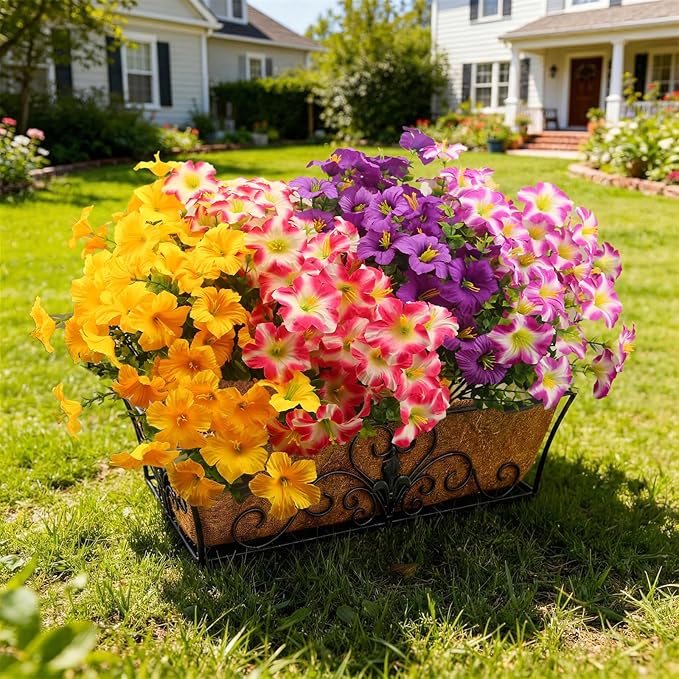 Artificial Flowers for Outdoors Fake Plants Outside, 16 Bundles Silk Morning Glory with Eucalyptus, UV Resistant Realistic Faux Flowers for Planters Porch Patio Garden Balcony Decor (4 Color)