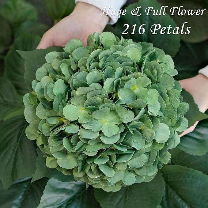 JINWOE Dark Forest Green Silk Hydrangea Artificial Flowers, 4Pcs 22Inch Full Fake Artificial Hydrangeas with Stems for Bouquet Table Centerpieces Home Decoration Porch Outdoor