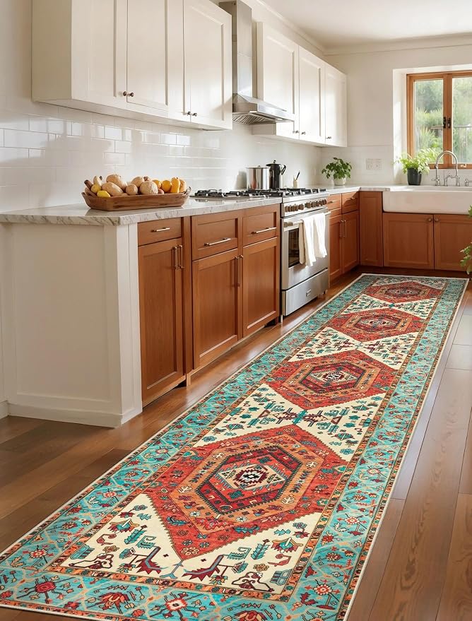 SERISSA Runner Rug for Hallways, 3x12 Washable Non Slip Kitchen Runner Rug, Extra Long Boho Rug Ultra Soft Vintage Orange Print Floor Carpet for Bedroom Hallway Entryway Bathroom Laundry Room