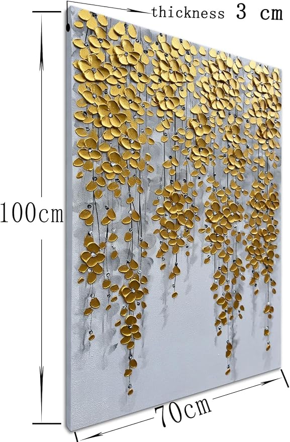 zoinart 3D Modern Oil Painting on Canvas Hand Painted Abstract Flower Paintings Gold Floral Artwork Texture Vertical Canvas Wall Art Contemporary Art