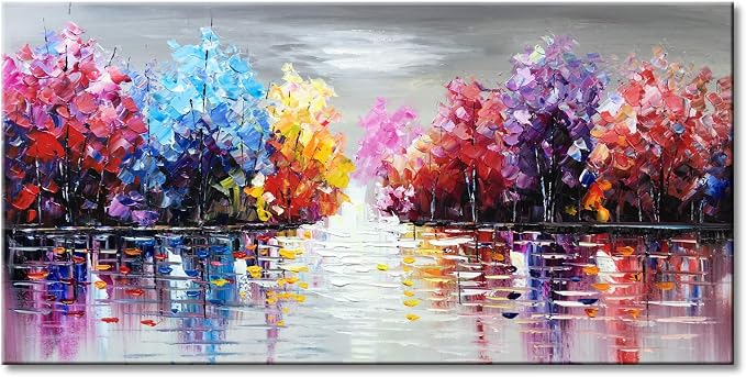 Hand Painted Colurful Textured Lake Landscape Oil Painting on Canvas Purple Tree Wall Art Abstract Nature Artwork for Living Room Bedroom Decor