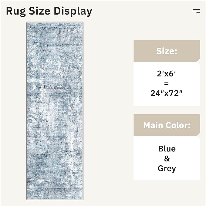 Soalmost Runner Rug 2'x6' Abstract Washable Non-Slip Runner Rugs for Kitchen Bathroom Laundry Room Blue Vintage Floor Carpet Runners for Hallway Entryway