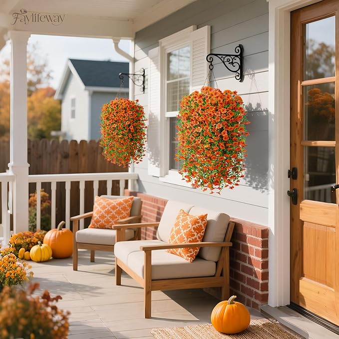 Artificial Hanging Flowers for Outdoors Fall Decoration, 4PCS UV Resistant Faux Silk Hanging Plants for Outside, Garden, Porch, Window, Home Decor (Orange, 4PCS)