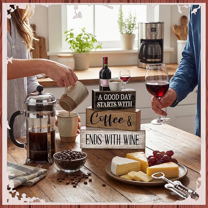 Lineshading 4 Pcs Farmhouse Table Decor Wooden Stacked Block Sign with Wine Bottle, Coffee Cup & Glass Sculpture a Good Day Starts with Coffee Ends with Wine Sign for Home & Bar Housewarming Gift