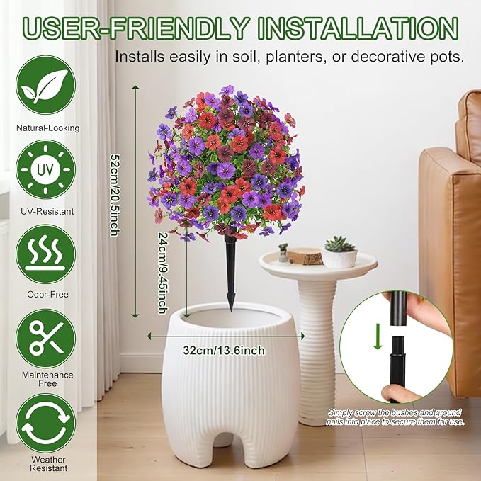 Alupssuc 4Pcs 20" Artificial Topiary Ball Flowers, Spring Outdoor Decoration with Spike, UV Resistant Faux Summer Plants, Fake Bushes Plants, Mix 4 Colors for Garden, Porch & Patio Decor