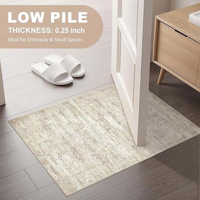 DMOYEST 2x3 Entryway Area Rug: Washable Neutral Modern Abstract Small Rug - Non-Slip Low Pile Throw Indoor Carpet for Entrance Kitchen Front Door Mat Bathroom Entry Kids Room - Vintage Beige