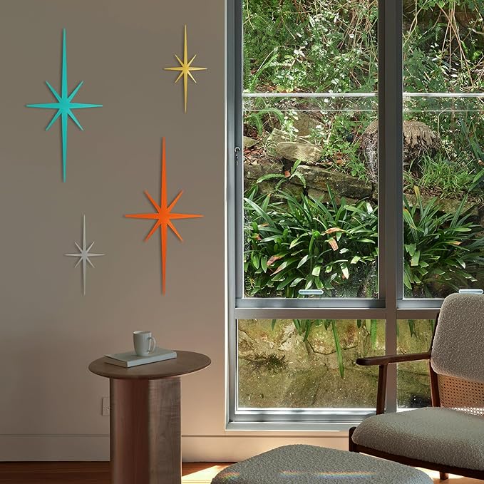 4 Pack Metal Star Wall Art 8 Pointed Starburst Wall Decor Set with 2 Large & 2 Small Pieces Mid Century Celestial Metal Wall Sculpture for Bedroom Living Room Office Gallery Wall