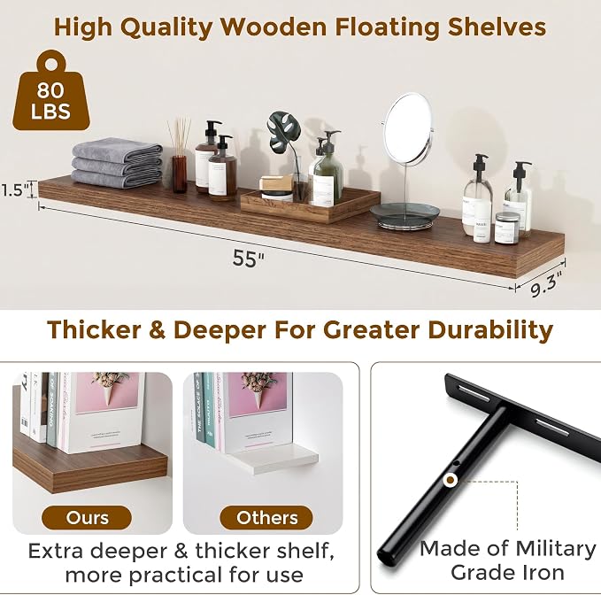 55 inch Floating Shelves for Wall, 9.3in Deep Walnut Shelves Wall Mounted Floating Shelf, Extra Long Wall Shelf for Living Room, Kitchen, Office, Floating TV Stand, 2 Packs
