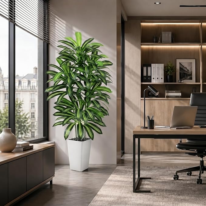 Artificial Dracaena Tree - 6FT Tall Fake Plants with White Tall Planter - Artificial Plants Indoor Floor Plant in Pot - Large Tropical Fake Yucca Potted Tree for Home Office Living Room Decor