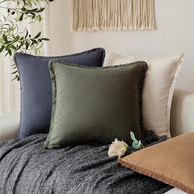 Foindtower Set of 2 Decorative Linen Fringe Throw Pillow Covers Cozy Farmhouse Cushion Cover with Tassels Accent Pillowcase for Couch Chair Sofa Bed Living Room Home Decor,20×20 Inch,Dark Olive Green