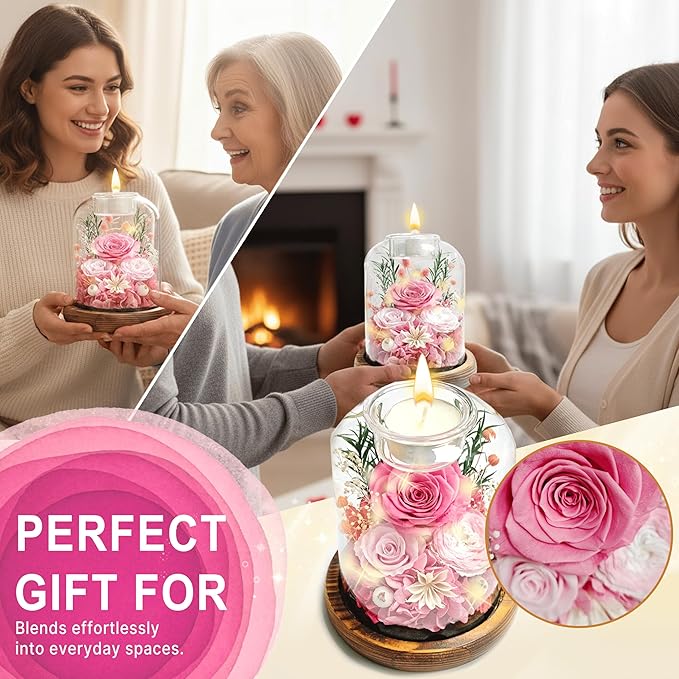 Gifts for Mom, Preserved Rose Flowers in Glass Dome, Forever Flowers for Delivery, Eternal Rose, Birthday Gifts for Women, Mothers Day for Grandma, Wife, Daughter, Anniversary(Pink)