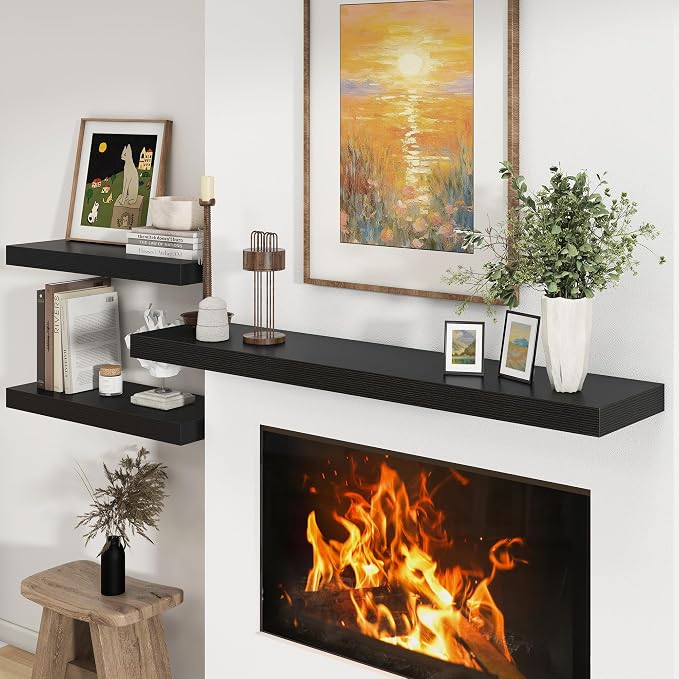 FLYJOE Deep Floating Shelves, 55 Inch Black Shelves Set of 1 | 12 Inch Deep Shelves for Wall, 55'' x 12'' Rustic Black Wood Shelves for Bathroom Living Room Laundry Room Kitchen