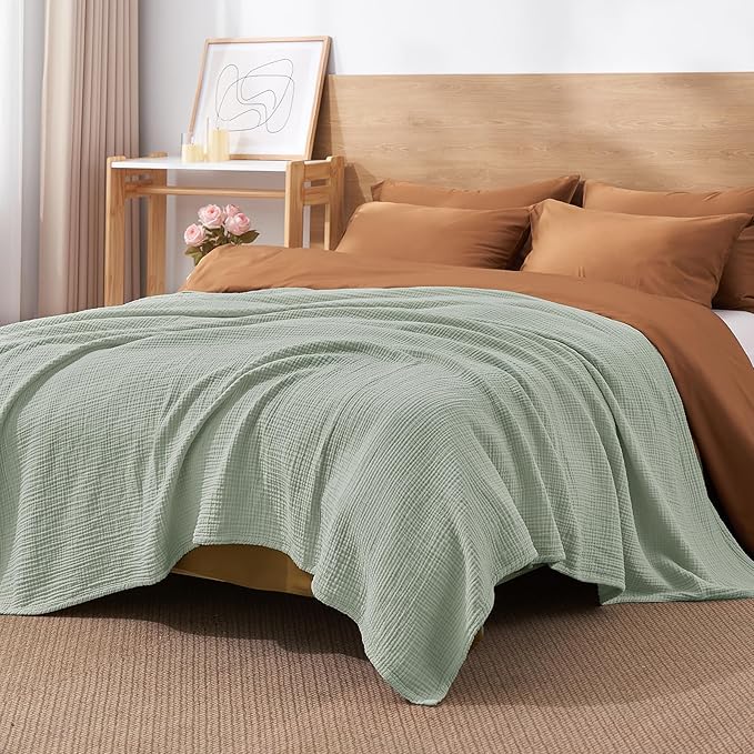 David's Home 100% Natural Cotton Muslin Blanket Queen Size, 4-Layer Soft Breathable Lightweight Cozy Throw Guaze for Hot Sleepers, 3D Bubble Room Decor for Bed Couch, Giftable, Sage Creen, 90"x90"