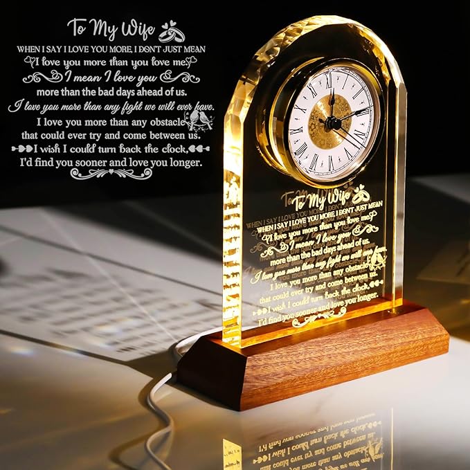Gifts for Wife from Husband - Crystal Clock with Wooden Light Base, Christmas, Birthday, Wedding Anniversary Wife Gifts Ideas, to My Wife Plaque Presents for Valentine's Mother's Day