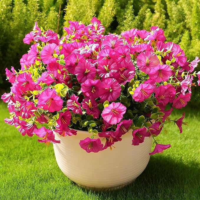 Fanfantoey Artificial Flowers for Outdoor, UV Resistant Fake Plants Outside Decoration, 14 Pcs Realistic Silk Morning Glory Faux Flowers for Porch Patio Gardens Home Decor(Fuchsia)