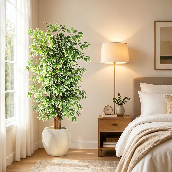 GTIDEA 6ft Ficus Artificial Tree, Tall Faux Trees Indoor with Natural Trunk and Fake Silk Tree Fake Plants for Home Decor Living Room Outdoor Balcony House Office (NO VASE Included)