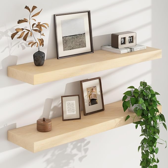 Floating Shelves for Wall, USA-Sourced Maple Wood 32 Inch Wall Shelves Set of 2, Natural Wooden Mounted Picture Ledge Shelf, Nursery Book Storage Shelf Kids Bookshelf Display, Shelf for Bathroom