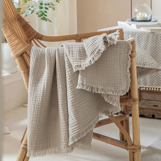 Muslin Fringe Blankets for Adults: 100% Cotton Cloud Soft | 4-Layer Gauze Breathable Lightweight All Season Throw Blanket for Bed Couch Sofa Office