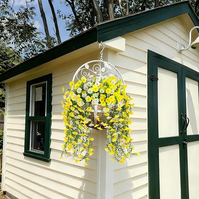 Fake Artificial Hanging Morning Glory Flowers for Outdoor Planters Porch Pation Decoration,8 Bundles UV Resistant Silk Faux Flowers with Realistic Eucalyptus Plants for Home Office Garden Decor