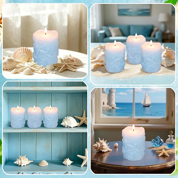 Ocean Scented Pillar Candles Hand-Poured Blue Starfish Conch Seashell Aromatherapy Candles for Home Scented, SPA, Restaurant, 3x4 Inch Set of 3, 150+ Hours Burn Time Dripless Smokeless