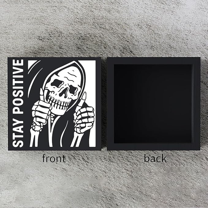 Funny Desk Decor For Men Decorations Inspirational Skeleton Man Wooden Box Sign Plaque Stay Positive Black Wood Box Sign Rustic Art Home Office Shelf Desk Decor 5 x 5 x 1.2 Inches