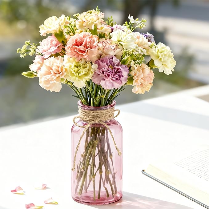 Vintage Glass Flower Vase, Farmhouse Glass Centerpiece Vases Mason Jars for Weddings, Parties & Home Decor Bulk (12, Pink)