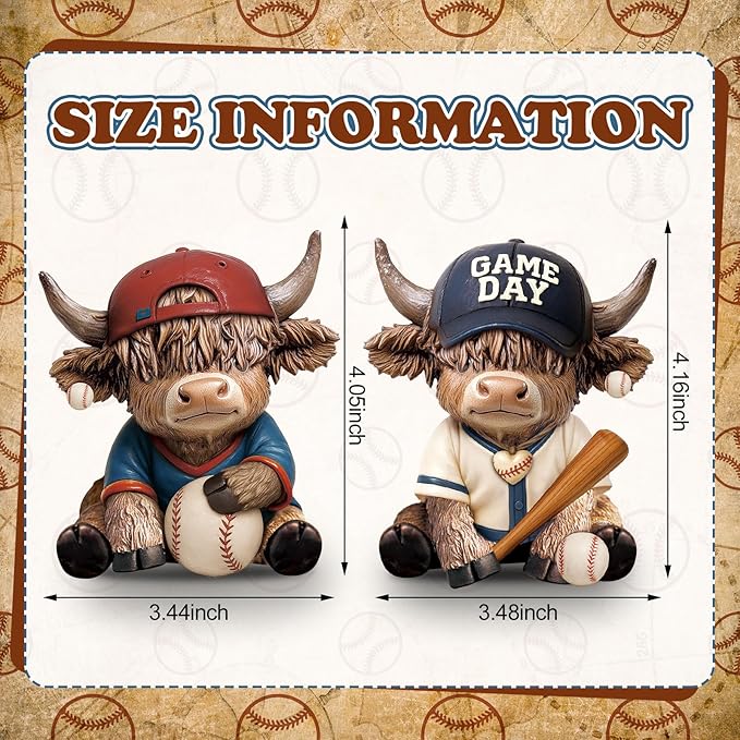 Wesiti 2 Pcs Baseball Highland Cow Figurines Decor, Cute Sport Resin Cow Statue with Bat and Ball, Baseball Fan Gifts for Adults Coaches Team Decor